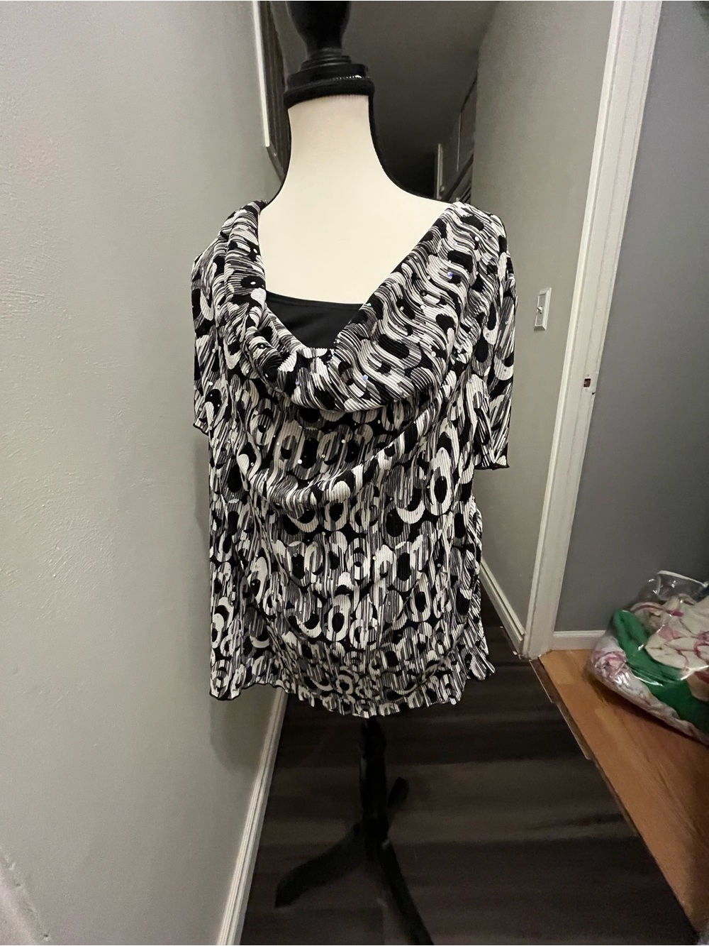 Black & White Cowl Neck Patterned Tunic Top